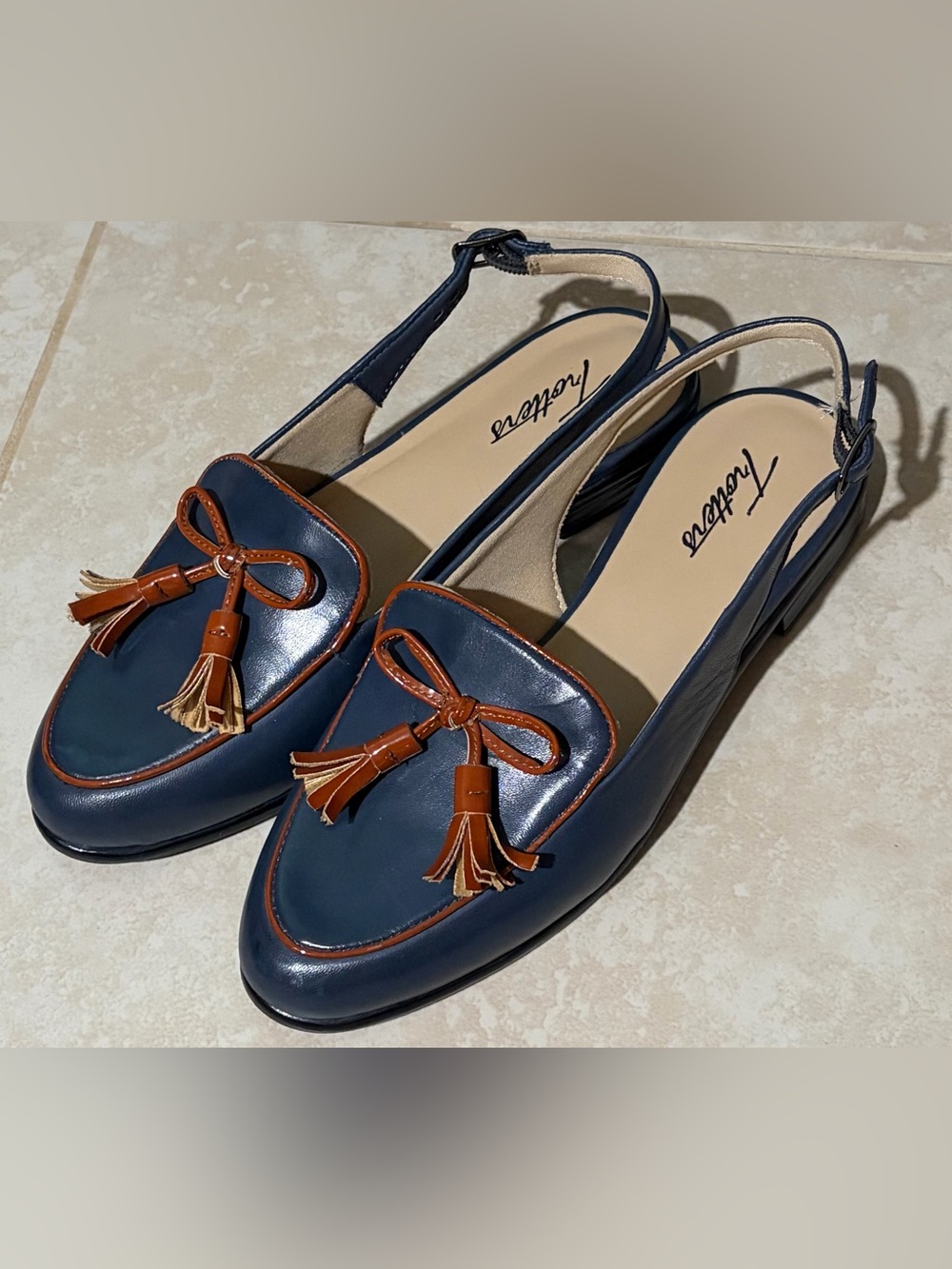 Trotters Navy and Brown Tassel Slingback Loafers